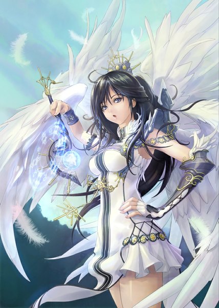 Anime picture 727x1018 with revenge of dragoon single long hair tall image looking at viewer black hair purple eyes sky hand on hip magic angel wings girl gloves hair ornament detached sleeves wings elbow gloves bracelet headdress armor