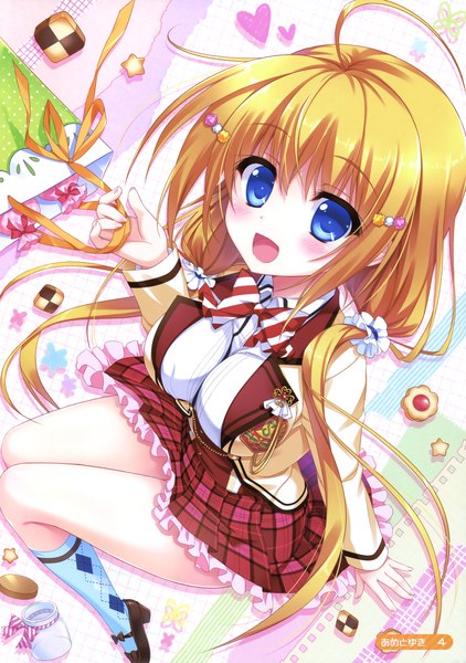 Anime picture 2391x3400 with hanasaki work spring kotobuki hikari ameto yuki single long hair tall image looking at viewer blush highres open mouth blue eyes blonde hair scan girl skirt uniform school uniform socks cookie (cookies)