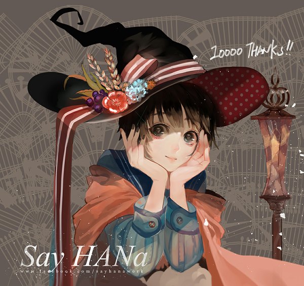 Anime picture 1147x1080 with original say hana single looking at viewer fringe short hair brown hair nail polish fingernails light smile grey eyes halloween hand on cheek thank you milestone celebration girl flower (flowers) hat food cape
