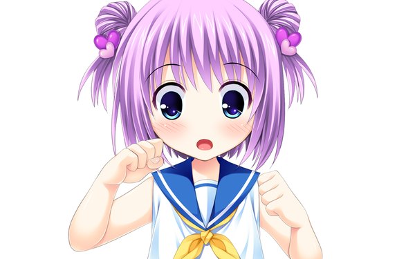 Anime picture 1054x659 with scramble lovers aoi yui ariko youichi single looking at viewer short hair open mouth blue eyes simple background white background game cg purple hair girl hair ornament shirt heart child (children) heart hair ornament