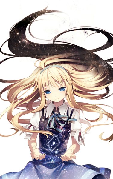 Anime picture 650x1030 with original hijiri (resetter) single tall image blush simple background blonde hair white background very long hair light smile looking down valentine starry sky print soft beauty space print double exposure girl dress ribbon (ribbons) hairband