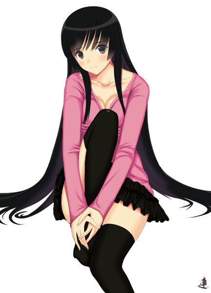 Anime picture 2125x2952 with original xiao lian long hair tall image looking at viewer blush highres black hair simple background white background signed black eyes girl thighhighs skirt black thighhighs miniskirt