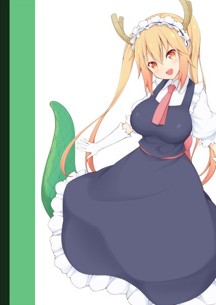 Anime picture 716x1010 with kobayashi-san chi no maidragon kyoto animation tooru (maidragon) jampen single long hair tall image fringe blonde hair hair between eyes red eyes white background twintails tail head tilt horn (horns) maid puffy sleeves slit pupils dragon girl