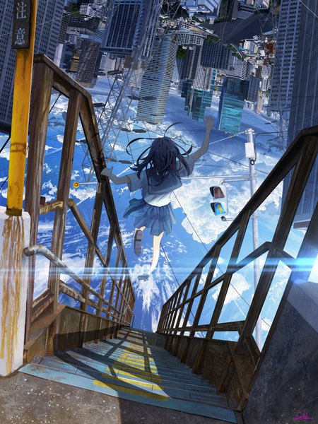 Anime picture 3376x4501 with original banishment single long hair tall image highres black hair absurdres sky cloud (clouds) full body outdoors pleated skirt from behind short sleeves city cityscape scenic summer upside down