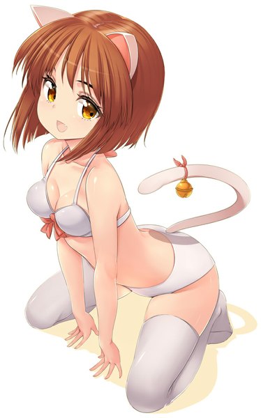 Anime picture 655x1050 with original zizi (zz22) single tall image short hair open mouth light erotic simple background brown hair white background animal ears yellow eyes tail animal tail cat ears cat girl cat tail underwear only girl thighhighs