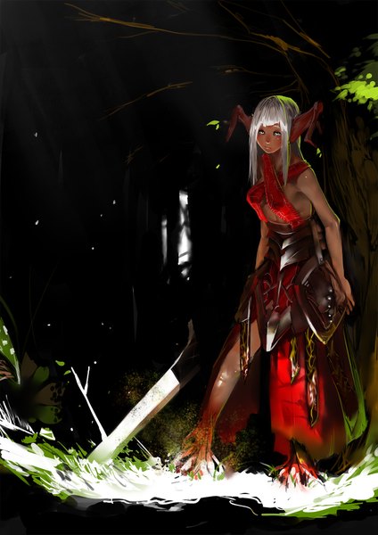 Anime picture 1240x1754 with original karasu-san (syh3iua83) single long hair tall image standing silver hair horn (horns) sunlight dark skin dark background silver eyes girl weapon plant (plants) sword tree (trees) armor forest huge weapon
