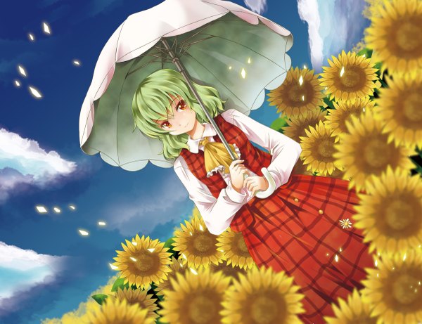 Anime picture 1200x923 with touhou kazami yuuka michii yuuki single looking at viewer short hair sky cloud (clouds) green hair light smile girl skirt flower (flowers) umbrella skirt set sunflower