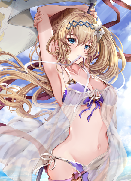 Anime picture 1240x1705 with granblue fantasy jeanne d'arc (granblue fantasy) hinahino single long hair tall image looking at viewer blush fringe breasts blue eyes light erotic blonde hair hair between eyes standing holding sky cleavage cloud (clouds) outdoors