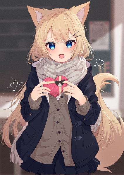Anime picture 2894x4093 with original hinata (user rjkt4745) single long hair tall image looking at viewer blush fringe highres open mouth blue eyes blonde hair smile standing holding animal ears indoors tail blunt bangs :d