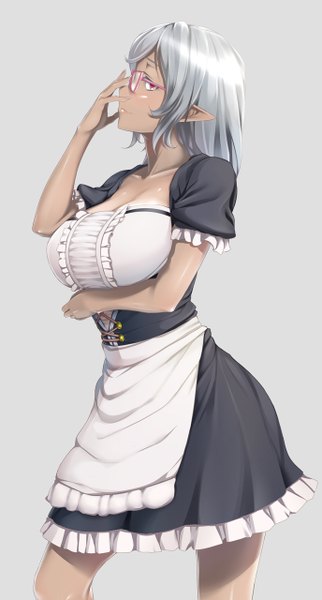 Anime picture 687x1280 with original irudana single long hair tall image looking at viewer blush fringe breasts light erotic simple background smile red eyes standing cleavage silver hair bent knee (knees) profile pointy ears grey background