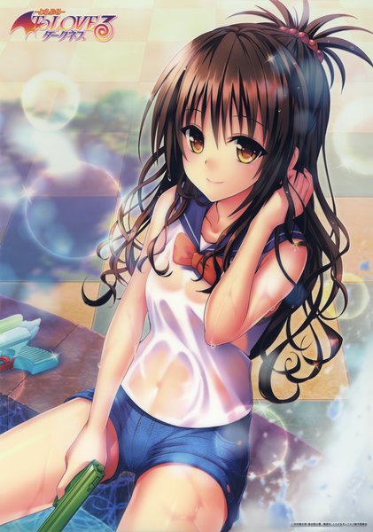 Anime picture 2782x3967 with toloveru toloveru darkness xebec yuuki mikan yabuki kentarou single tall image looking at viewer fringe highres light erotic hair between eyes brown hair sitting brown eyes scan sparkle copyright name lens flare adjusting hair