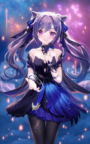 Anime picture 2480x3963 with genshin impact keqing (genshin impact) keqing (opulent splendor) (genshin impact) lalazyt single long hair tall image looking at viewer blush highres smile purple eyes twintails purple hair head tilt hair bun (hair buns) official alternate costume outstretched hand girl dress