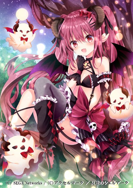 Anime picture 600x842 with original nogi takayoshi tall image looking at viewer fringe open mouth light erotic hair between eyes red eyes sitting twintails payot pink hair bent knee (knees) very long hair horn (horns) pointy ears night night sky watermark