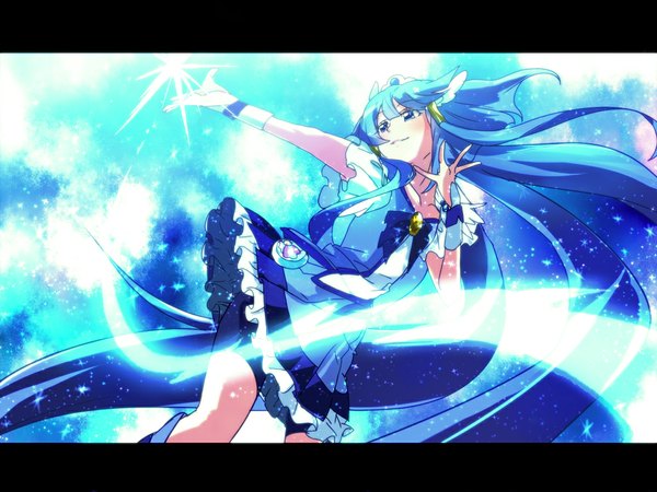 Anime picture 1024x768 with precure smile precure! toei animation aoki reika cure beauty ume (plumblossom) single blue eyes smile blue hair very long hair magic letterboxed girl dress gloves circlet