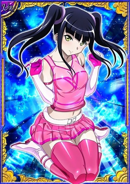 Anime picture 567x800 with ikkitousen saji genpou (true) single long hair tall image looking at viewer black hair smile twintails yellow eyes card (medium) girl thighhighs skirt gloves miniskirt elbow gloves