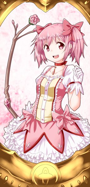 Anime picture 874x1818 with mahou shoujo madoka magica shaft (studio) kaname madoka kaho single tall image looking at viewer blush short hair open mouth smile twintails pink hair pink eyes short twintails magical girl girl dress gloves bow
