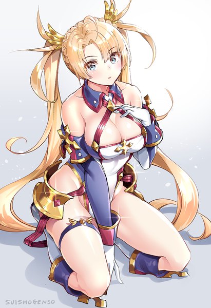 Anime picture 1000x1458 with fate (series) fate/grand order bradamante (fate/grand order) suishougensou single long hair tall image looking at viewer blush fringe breasts blue eyes light erotic blonde hair hair between eyes sitting twintails bare shoulders signed payot