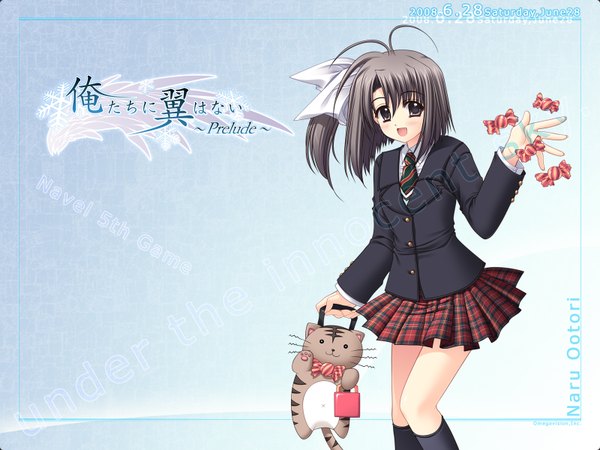 Anime picture 1600x1200 with oretachi ni tsubasa wa nai ootori naru nishimata aoi single looking at viewer short hair open mouth ahoge pleated skirt one side up girl skirt uniform school uniform miniskirt animal socks food sweets black socks