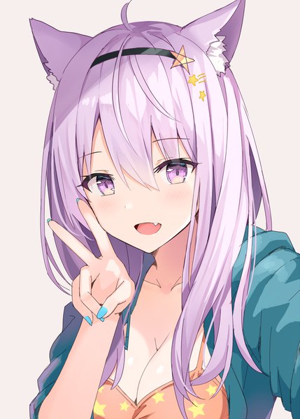 Anime picture 897x1255 with original rin yuu single long hair tall image looking at viewer fringe breasts open mouth light erotic simple background hair between eyes large breasts white background purple eyes animal ears payot cleavage purple hair upper body