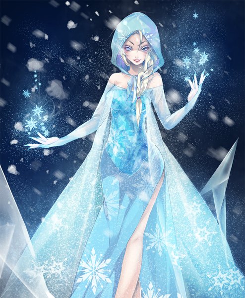 Anime picture 866x1051 with frozen (disney) disney elsa (frozen) zhe pangxie single long hair tall image looking at viewer blush blue eyes blonde hair smile standing bare shoulders braid (braids) wind bare legs lipstick magic single braid
