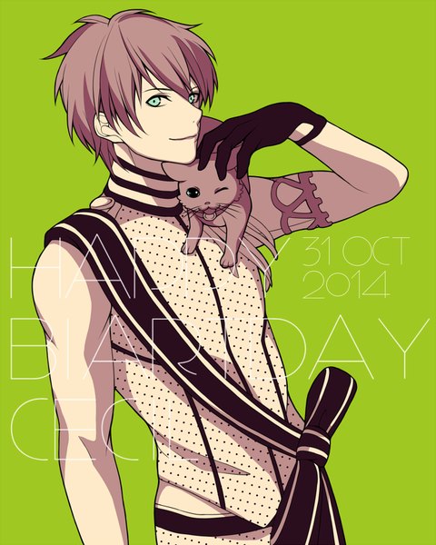 Anime picture 700x875 with uta no prince-sama a-1 pictures aijima cecil kuppuru myua single tall image looking at viewer fringe simple background smile aqua eyes sleeveless character names dated monochrome polka dot happy birthday green background animal on shoulder