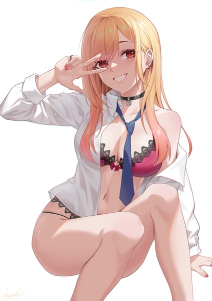 Anime picture 1500x2122 with sono bisque doll wa koi wo suru cloverworks kitagawa marin hayate (leaf98k) single long hair tall image looking at viewer fringe breasts light erotic blonde hair smile red eyes sitting bent knee (knees) nail polish arm up off shoulder arm support