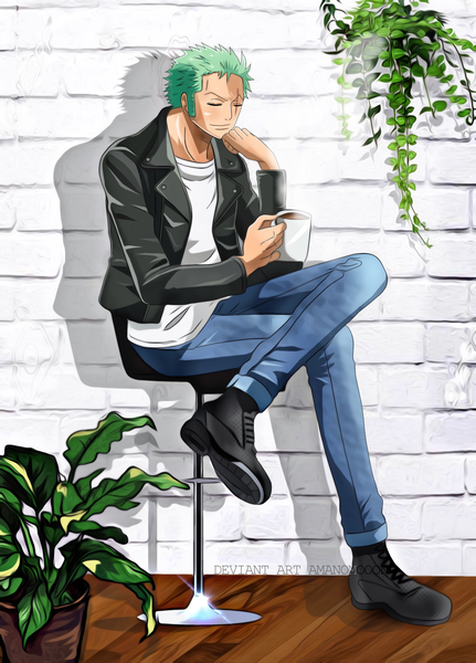 Anime picture 2454x3417 with one piece toei animation roronoa zoro amanomoon single tall image blush highres short hair sitting holding signed full body eyes closed green hair light smile open jacket shadow crossed legs scar