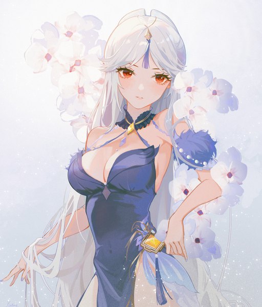 Anime picture 4223x4952 with genshin impact ningguang (genshin impact) ningguang (orchid's evening gown) (genshin impact) yutou (yutou75) single long hair tall image highres breasts light erotic red eyes large breasts looking away absurdres cleavage silver hair official alternate costume side slit girl dress