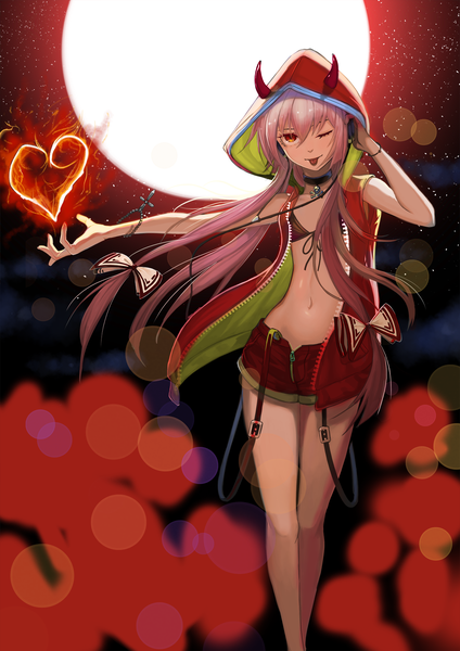 Anime picture 1240x1754 with touhou fujiwara no mokou recare single long hair tall image looking at viewer light erotic red eyes pink hair one eye closed horn (horns) open clothes alternate costume sleeveless flat chest :p skull and crossbones girl navel