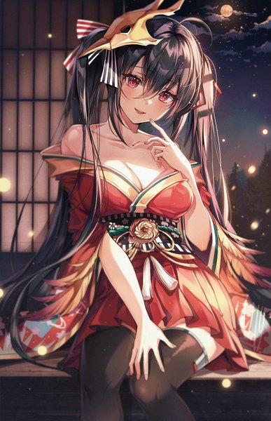 Anime picture 1200x1857 with azur lane taihou (azur lane) ttosom single long hair tall image looking at viewer blush fringe breasts light erotic black hair smile hair between eyes red eyes sitting twintails bare shoulders cleavage cloud (clouds)