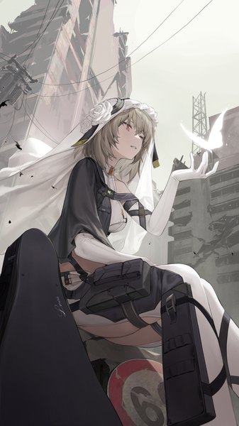 Anime picture 3240x5760 with goddess of victory: nikke star741 single tall image fringe highres short hair light erotic hair between eyes red eyes sitting absurdres sky outdoors parted lips grey hair from below ruins destruction asymmetrical clothes