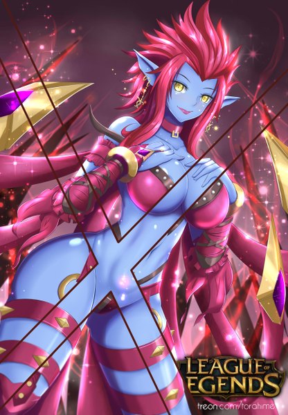 Anime picture 3444x4960 with league of legends evelynn (league of legends) torahime (roland00) single long hair tall image highres breasts light erotic large breasts yellow eyes absurdres red hair pointy ears blue skin girl navel earrings collar