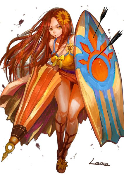 Anime picture 778x1100 with league of legends leona (league of legends) pool party leona canking single long hair tall image simple background brown hair white background bare shoulders yellow eyes looking away hair flower closed umbrella girl hair ornament flower (flowers) umbrella arrow (arrows)