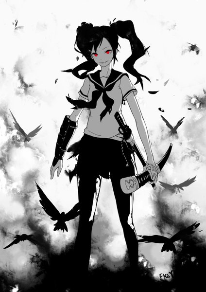 Anime picture 1000x1414 with original fkey single long hair tall image black hair smile red eyes standing twintails holding signed monochrome girl skirt uniform weapon miniskirt animal pantyhose