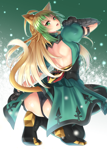 Anime-Bild 715x1000 mit fate (series) fate/grand order fate/apocrypha atalanta (fate) yuzutosen single long hair tall image looking at viewer blush fringe open mouth light erotic simple background blonde hair green eyes animal ears payot full body ahoge