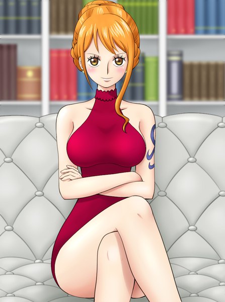 Anime picture 768x1030 with one piece toei animation nami (one piece) himumu (cyah7528) single tall image looking at viewer blush fringe short hair breasts smile sitting bare shoulders brown eyes payot indoors blurry orange hair bare legs