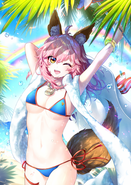 Anime picture 1200x1697 with fate (series) fate/grand order tamamo (fate) (all) tamamo no mae (swimsuit lancer) (fate) hm (wonhml) single long hair tall image blush fringe breasts open mouth light erotic smile hair between eyes standing holding animal ears yellow eyes pink hair