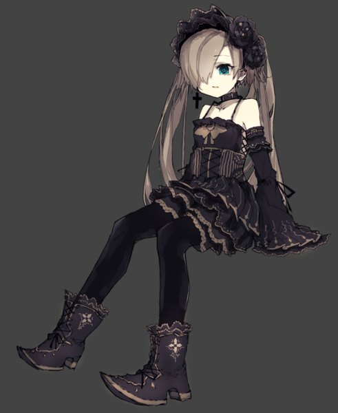 Anime picture 754x921 with original riuichi single long hair tall image fringe simple background brown hair sitting twintails bare shoulders looking away full body long sleeves parted lips aqua eyes hair over one eye wide sleeves dark background lolita fashion