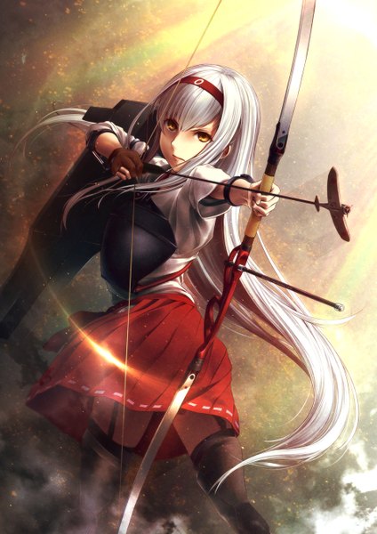 Anime picture 954x1350 with kantai collection shoukaku aircraft carrier oki (koi0koi) single long hair tall image looking at viewer brown eyes white hair traditional clothes girl thighhighs skirt weapon black thighhighs hairband armor bow (weapon) breastplate muneate