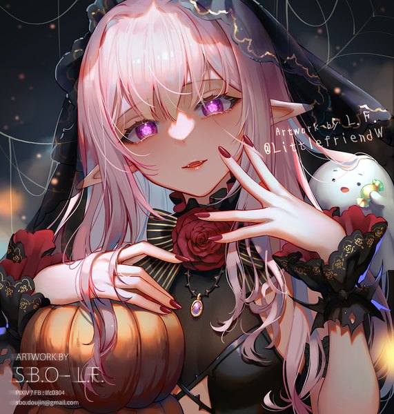 Anime picture 1200x1260 with original lf (paro) single long hair tall image looking at viewer fringe hair between eyes purple eyes signed pink hair upper body nail polish head tilt pointy ears twitter username symbol-shaped pupils halloween ghost red nail polish