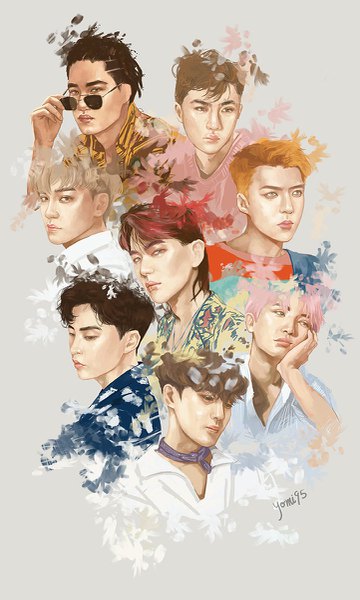 Anime picture 721x1200 with real life exo kokobop yomi95 tall image looking at viewer fringe short hair blue eyes black hair simple background blonde hair brown hair brown eyes signed looking away pink hair red hair head tilt looking back