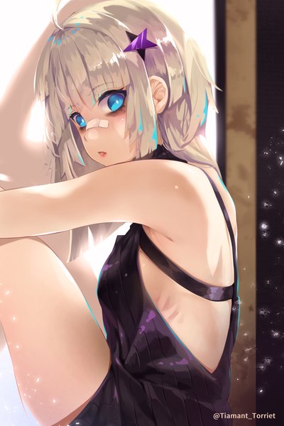 Anime picture 3000x4491 with girls frontline aa-12 (girls frontline) torriet single long hair tall image looking at viewer fringe highres blue eyes blonde hair sitting ahoge lips glow bandaid on nose hime cut girl hair ornament hairclip