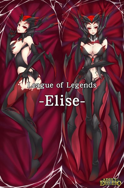 Anime picture 792x1200 with league of legends elise (league of legends) dean single tall image short hair breasts light erotic red eyes large breasts monster girl girl gloves navel elbow gloves insect spider