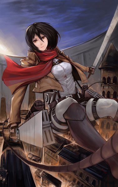 Anime picture 1300x2062 with shingeki no kyojin production i.g mikasa ackerman feef single tall image looking at viewer short hair black hair holding brown eyes open clothes open jacket dual wielding girl weapon sword boots belt scarf