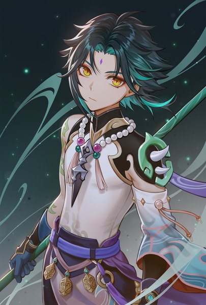 Anime picture 1200x1776 with genshin impact xiao (genshin impact) mutugi single tall image looking at viewer short hair black hair yellow eyes multicolored hair from above two-tone hair tattoo colored inner hair expressionless forehead mark boy gloves detached sleeves vision (genshin impact)