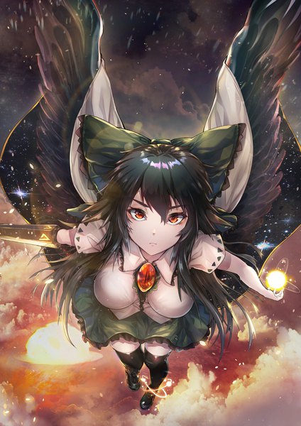 Anime picture 2894x4093 with touhou reiuji utsuho dai (yamii) single long hair tall image looking at viewer fringe highres breasts black hair hair between eyes red eyes payot sky cloud (clouds) full body outdoors from above short sleeves