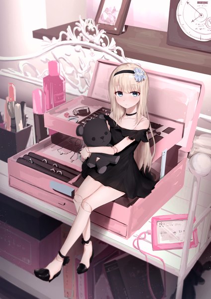 Anime picture 1500x2118 with original kanju single long hair tall image looking at viewer blush fringe blue eyes blonde hair sitting bare shoulders holding full body bent knee (knees) indoors blunt bangs from above off shoulder high heels