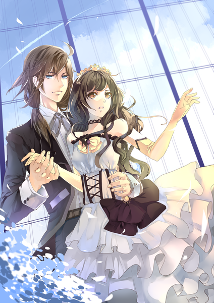 Anime picture 2480x3508 with original aiki-ame long hair tall image fringe highres open mouth blue eyes brown hair standing bare shoulders brown eyes looking away ahoge sunlight sleeveless couple hug outstretched arm holding hands