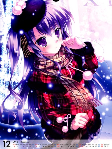 Anime picture 3761x4988 with original mikeou single long hair tall image highres purple eyes absurdres purple hair snowing winter 2013 calendar 2013 girl scarf beret coat pom pom (clothes) calendar