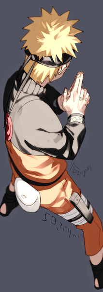 Anime picture 806x2263 with naruto studio pierrot naruto (series) uzumaki naruto zifletts single tall image short hair simple background blonde hair standing from above from behind grey background hands clasped jinchuriki boy